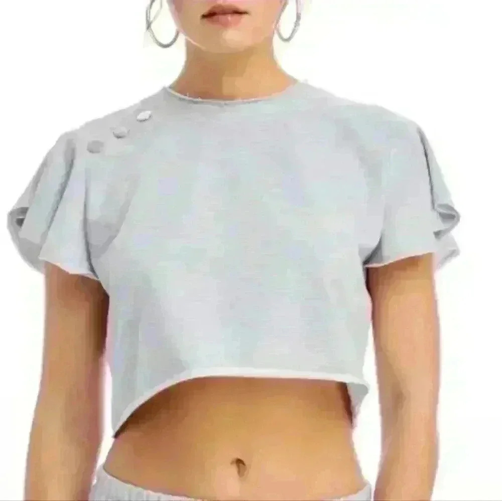 Juicy Couture Ruffle-Sleeve Crop Women's Top Medium Light Gray Short Sleeve
